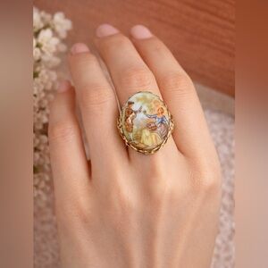 Vintage Adjustable Victorian Style Porcelain Ring Goldtone OSFM